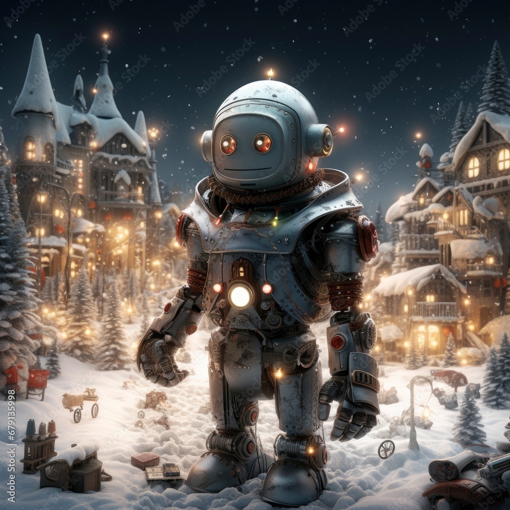 Fototapeta premium retro robot in the winter village