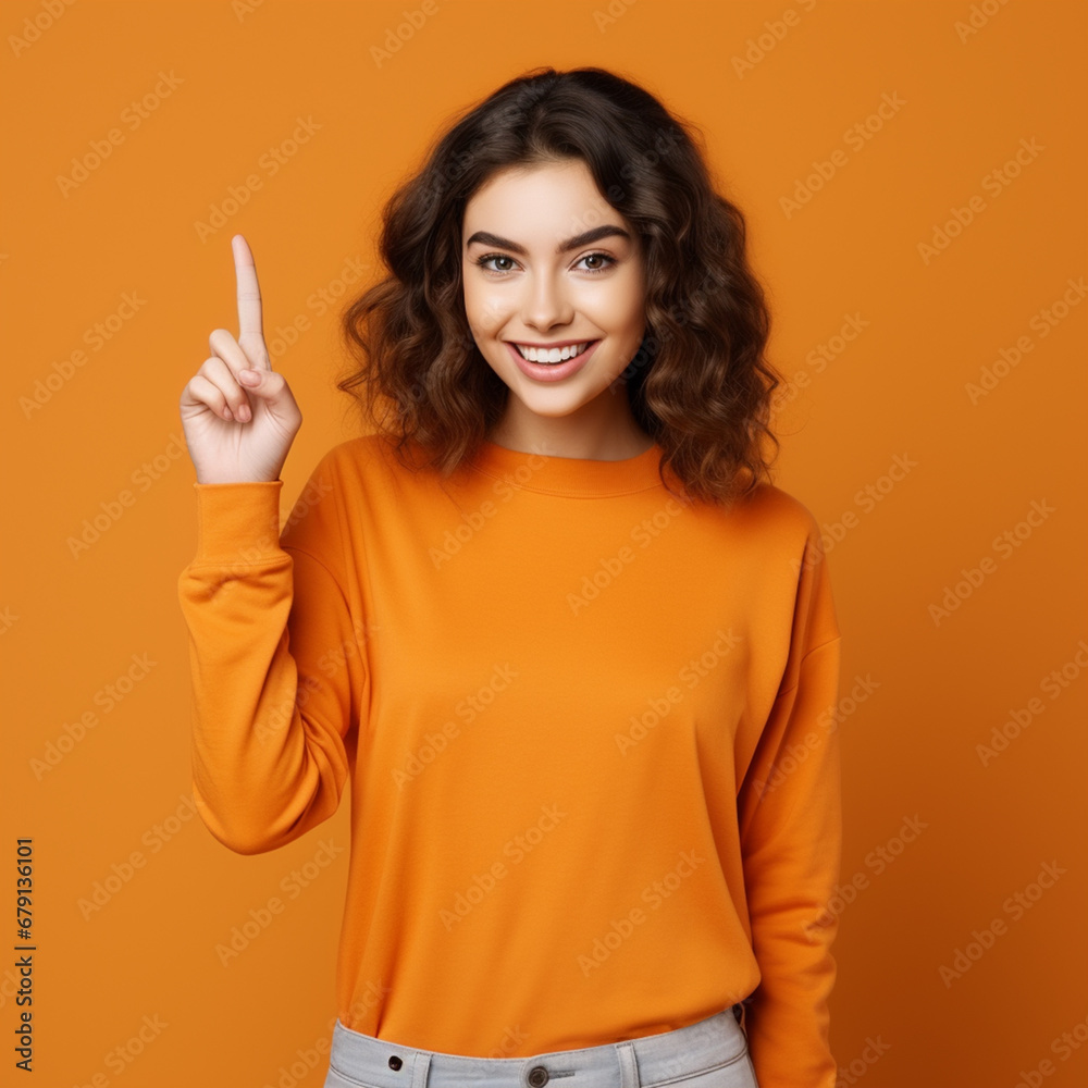 Photo of young woman happy positive smile point finger empty space billboard ad advice choice isolated over orange color background, ai technology Photo of young woman happy positive smile point finger empty space billboard ad advice choice isolated over orange color background, ai technology