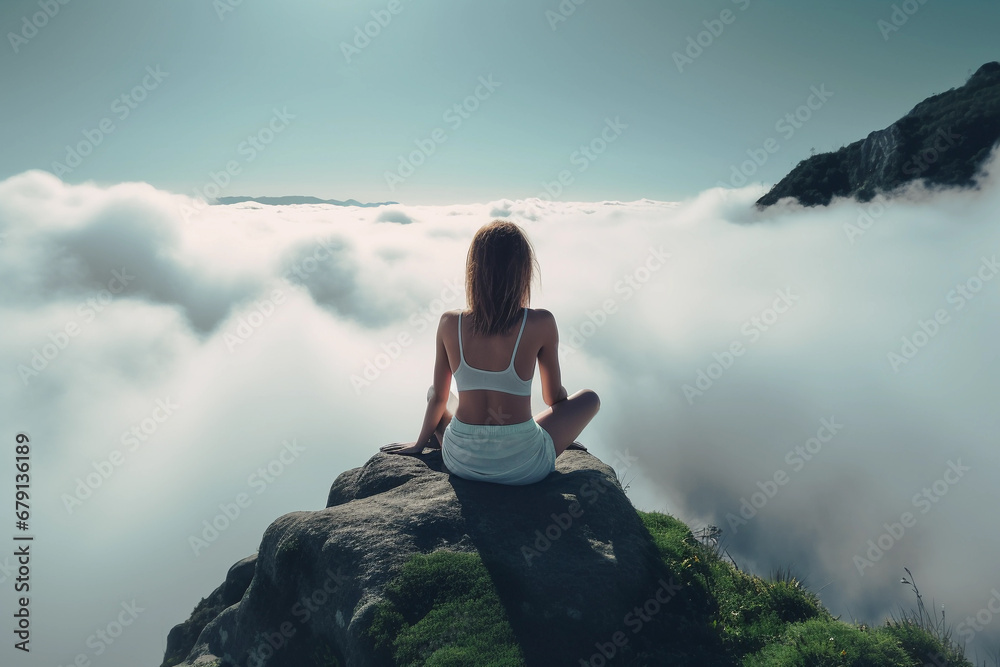 Young woman meditating on a mountain for self-awareness and self-discovery. Generative AI.