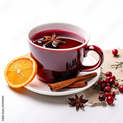 cup of christmas mulled wine with cinnamone and orange photo