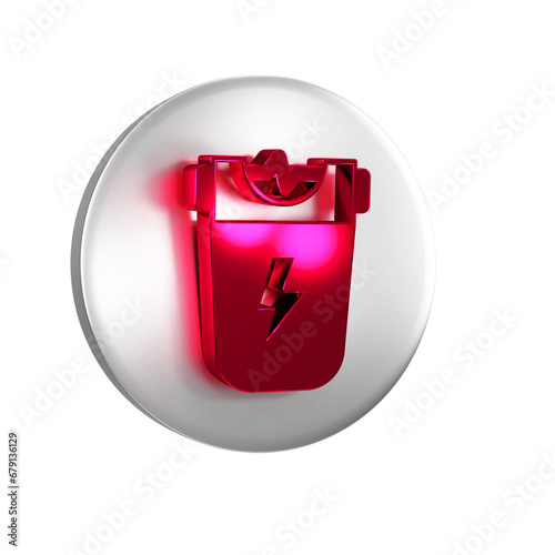 Red Police electric shocker icon isolated on transparent background. Shocker for protection. Taser is an electric weapon. Silver circle button. photo