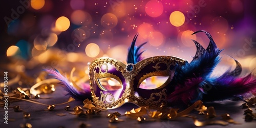 Venetian Mask at Carnival Party with Bokeh Lights and Streamers