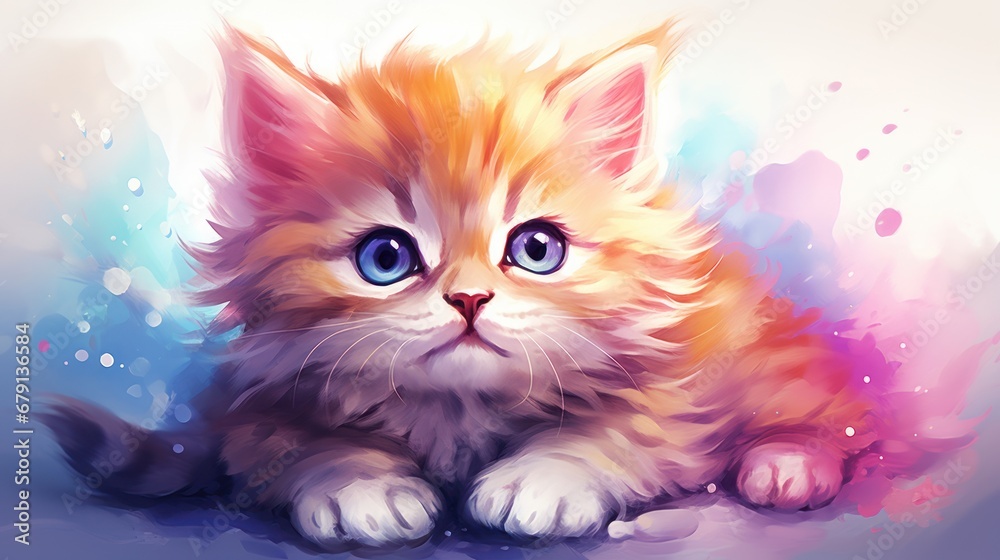 Exquisite digital art of a kitten with striking blue eyes amidst a colorful abstract splash, Pet charm and creativity.