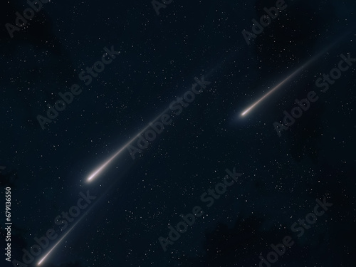 Meteor trails in the sky  beautiful star rain. Shooting stars. Three bright meteorites burn up in the atmosphere.