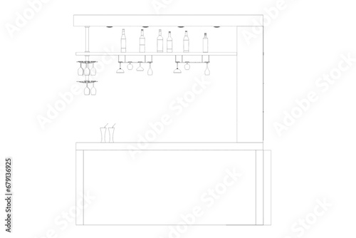 Kitchen interior furniture isolated on a white background, outline illustration, sketch