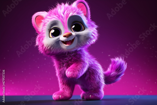 3D art illustration of cute pink fluffy cat in glitter jacket  in pastel colors  pink and violet background. Animation cartoon charecter