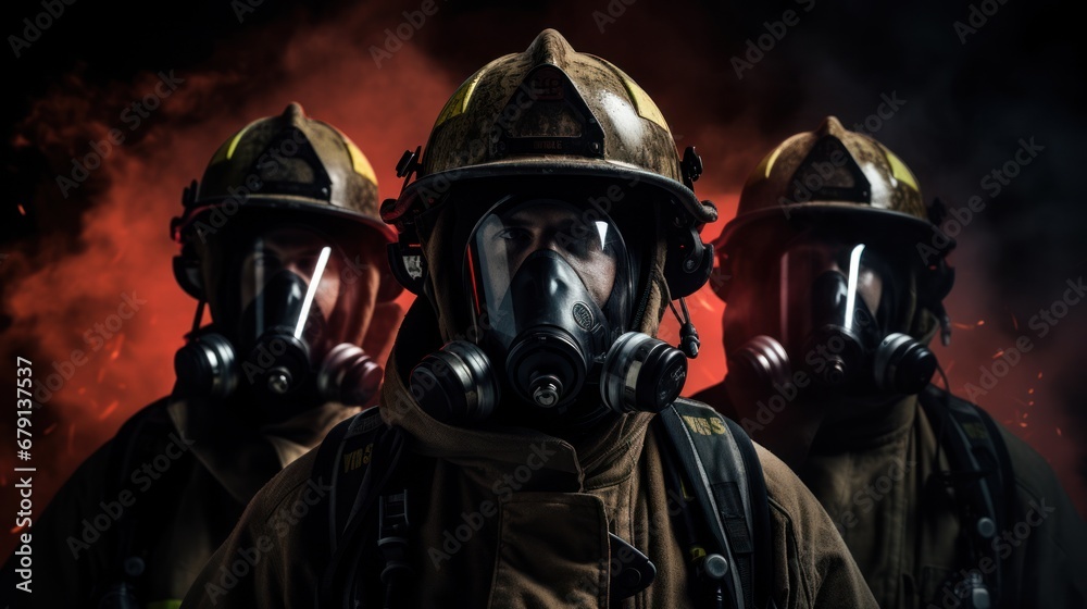 Firefighting personnel at attention, gear-clad, with a burning background, showcasing preparedness and the spirit of service.