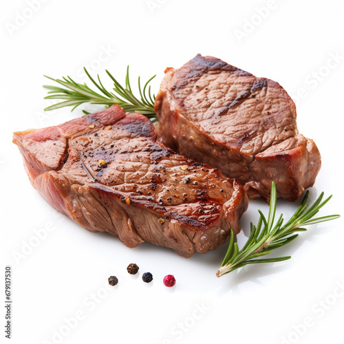 Tasty steaks with rosemary on white background, ai technology