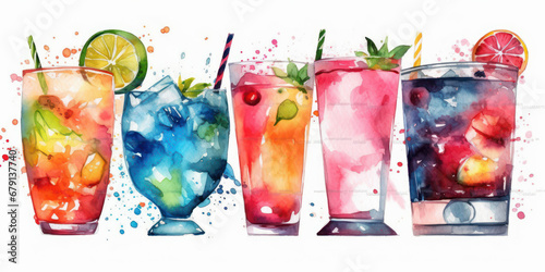 Color watercolor drawing of various fruit cocktails. Generative AI.
