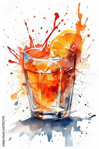 Color watercolor drawing of a fruit cocktail with splashes. Generative AI.