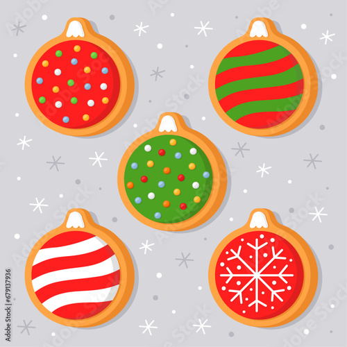 New Year's gingerbread cookies in the shape of christmas balls. Homemade Christmas cookies with sweet sugar glaze. Cute cartoon illustrations for Christmas cards, banners, posters. Christmas toys.
