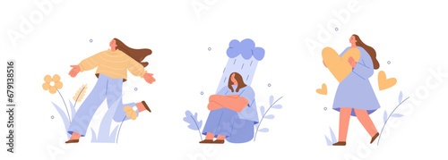 Mental health, psychotherapy and selfcare concept illustration. Collections of character take care of mentality, learn self accepting and love yourself. Vector illustrations set.