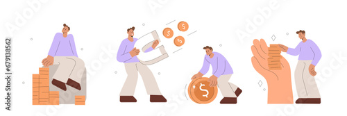 Money increasing and financial success concept illustration. Collections of successfully rich character managing finance, savings and investments. Vector illustrations set.
