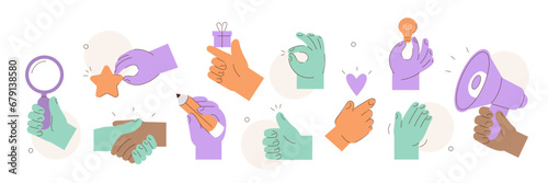 Hand gestures illustrations set. Collections of diverse characters hands waving, handshaking, holding megaphone, pencil and other business objects. Abstract human arms concept. Vector illustration. photo