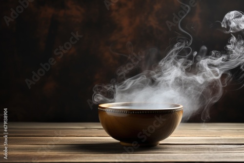 Steaming Bowl of Hot Tea on Rustic Wood Background. Atmospheric Smoke and Steam Rise from Dark Black Bowl of Delicious, Ready-to-Eat Food and Drink