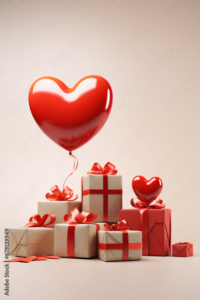 Gifts with red ribbons and a big red balloon. Copy space on pink background.