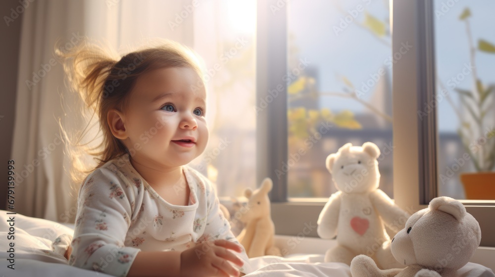 Portrait of an adorable little blonde girl with a satisfied expression, surrounded by toys in a bright, light bedroom. Portrait of an adorable little blonde girl with a satisfied expression, surrounded by toys in a bright, light bedroom.