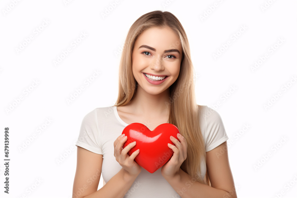 European cheerful girl with blonde hair holding red heart. European cheerful girl with blonde hair holding red heart.