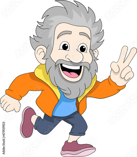 an old man was running while holding up peace