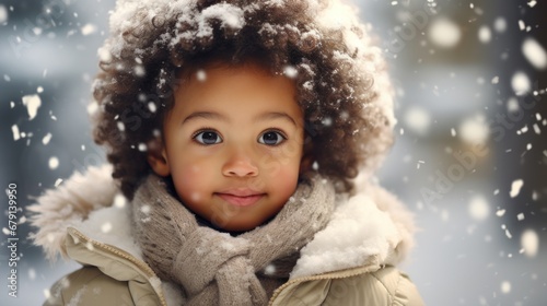 Charming girl with dark skin and curly hair with a scarf smiles looking forward as the snow falls © ProPhotos