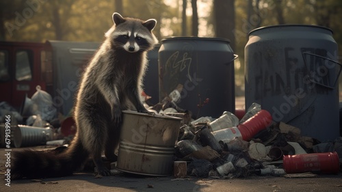 Curious raccoon looking for food in a trash can in the backyard