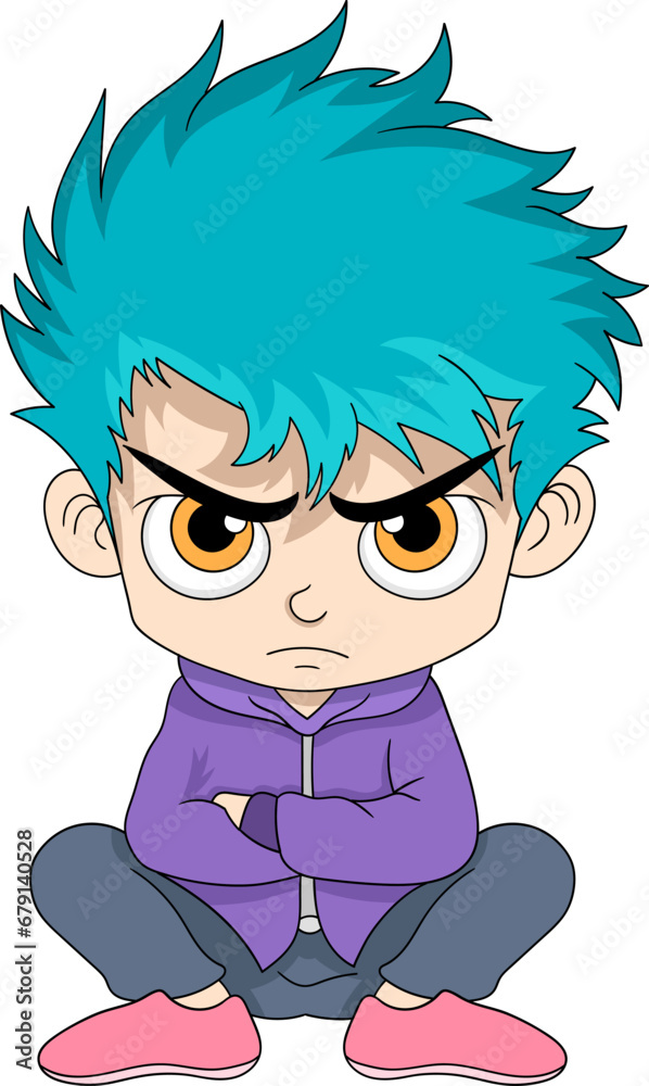 The turquoise-haired little boy was angry while squatting The turquoise-haired little boy was angry while squatting