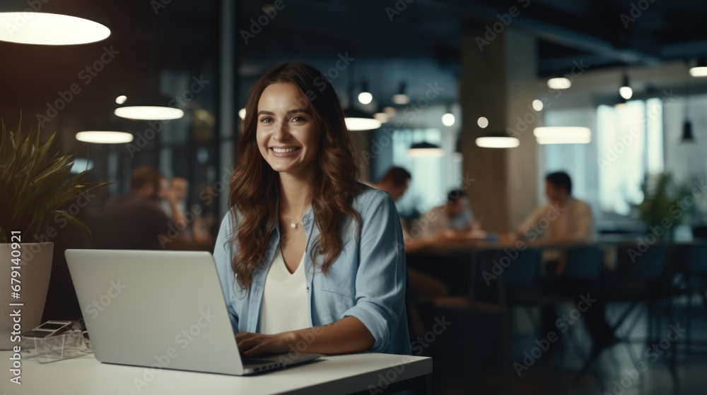 Confident young businesswoman smiling while working on her laptop in a modern office. Confident young businesswoman smiling while working on her laptop in a modern office.