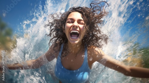 Portrait of a dark-haired girl, she is surfing and laughing, there are splashes and bright sun around