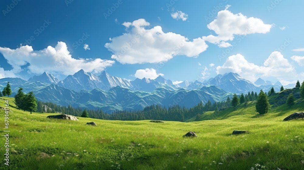 Panoramic landscape of green valley, forest, and snow-capped mountains