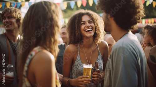 Young people drinking beer pints at brewery bar garden - Genuine beverage life style concept with guys and girls sharing happy hour together at open air pub dehor - Warm sunset backlight filter photo