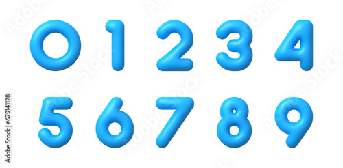 3d blue numbers. Realistic light blue plastic digits render, inflated bubble business symbols 10 number from 0 to 9 for banner anniversary isolated vector set