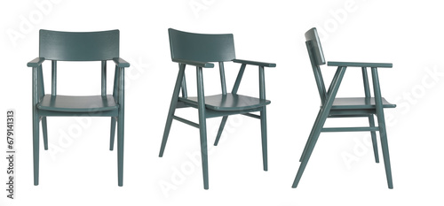 Set of three emerald color wooden chairs in different view angles over white