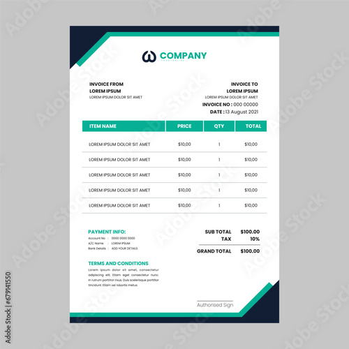 invoice vector template design in dark and green theme, minimal green invoice template