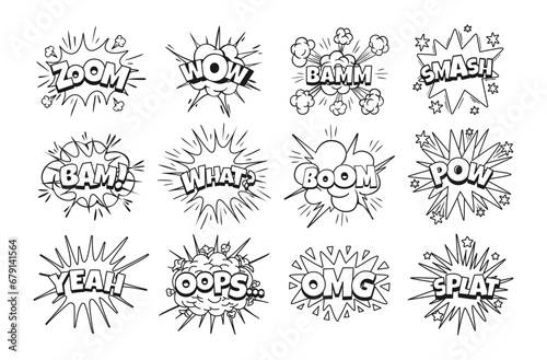 Cartoon sound speech bubble. Comic doodle explode text elements. Sketch comic book clouds. Boom, pow, bang talk effects. Hand drawn explosion sticker. Vector set