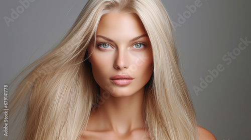 Beautiful blond girl in move with a perfectly smooth hair, and classic make-up. Beauty face. Picture taken in the studio.