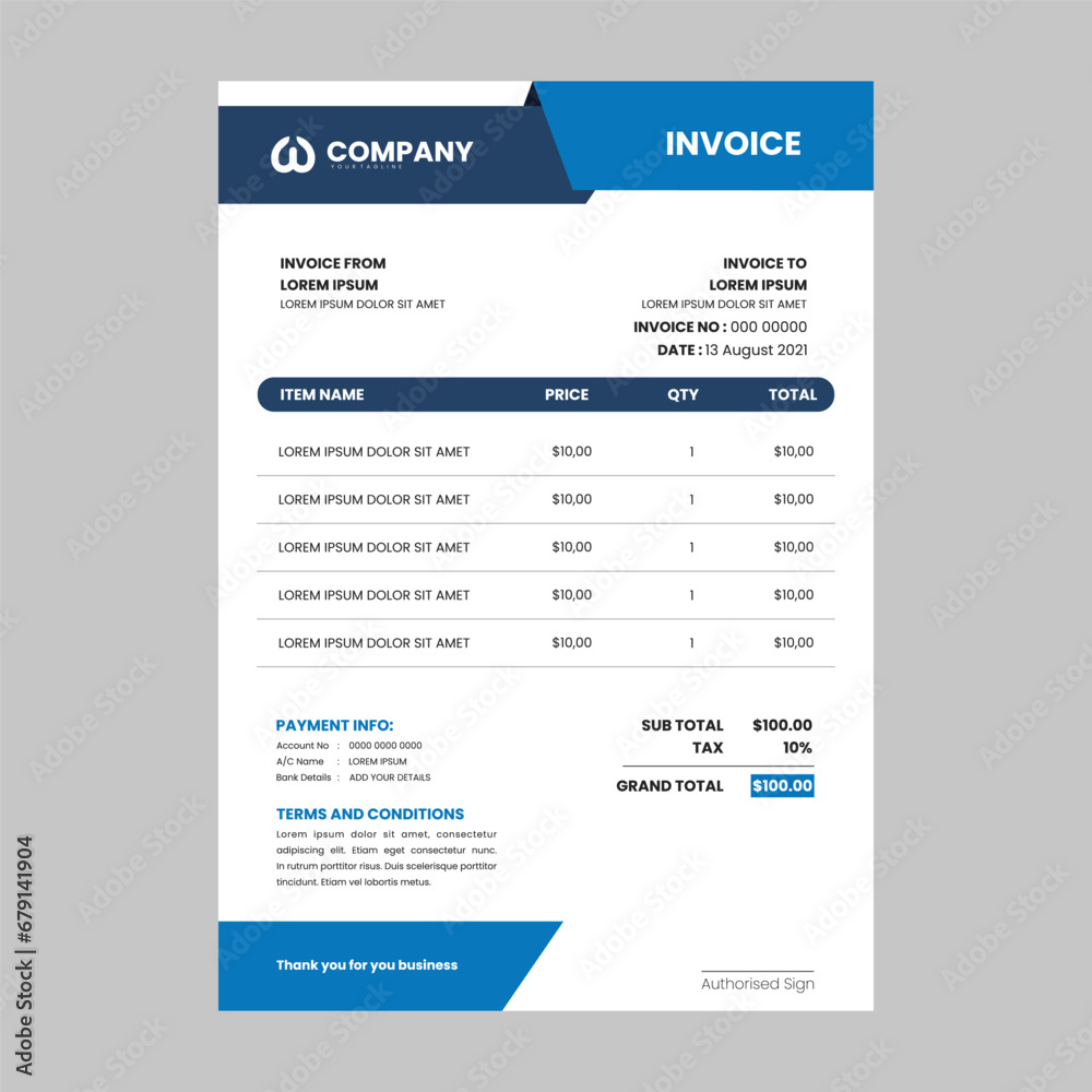 Modern and simple dakru blue and blue color invoice design template for corporate