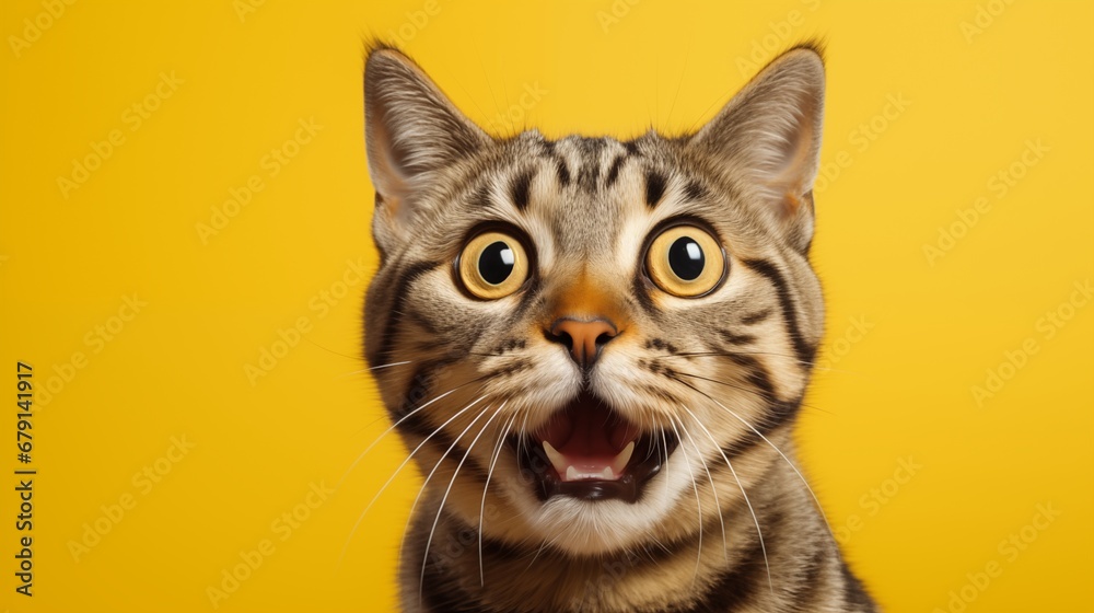 portrait of a Tabby cat surprised on yellow background