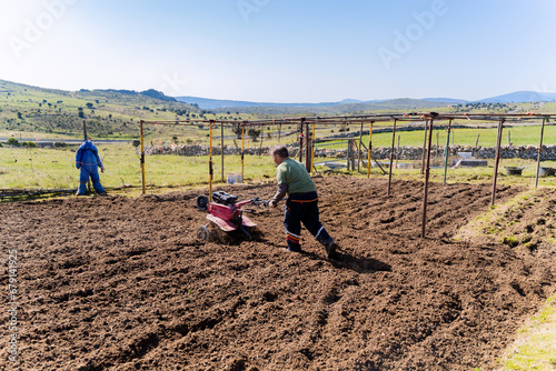 Retired senior man plowing the land with power tiller for harvesting
