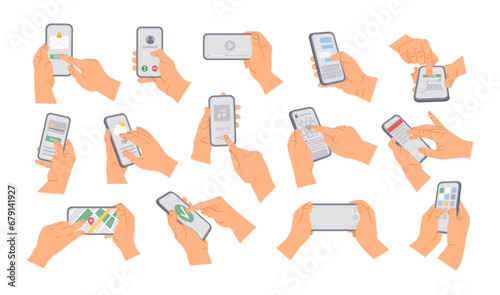 Human hands holding smartphone. Cartoon people using phone, receiving text, buying by card, click button, scrolling mobile phone, listening music, watching video, vector set