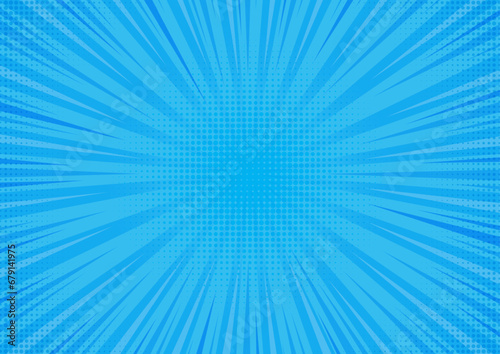 Comic background. Cartoon pop art abstract texture. Blue banner with speed ray lines and halftone dots. Radial wallpaper with rays, explosion for comic books. Vector concept