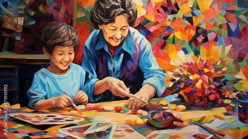 Artistic Playtime: An artsy depiction of a grandmother and grandson engaged in a creative and stylish playtime session, surrounded by vibrant colors and positive energy