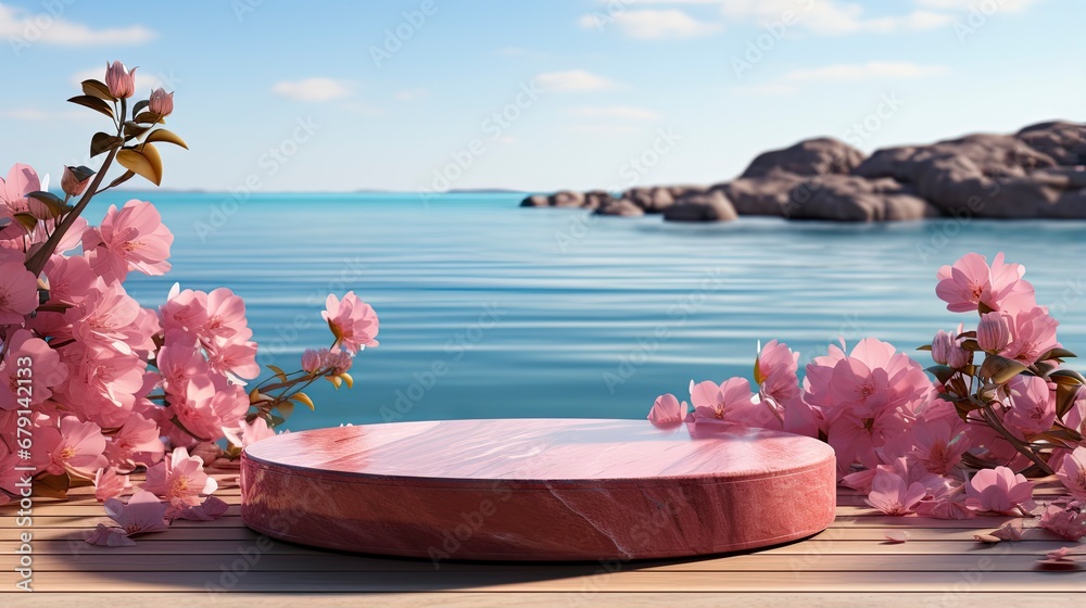 Modern pink podium overlooking the sea with floral arrangement.