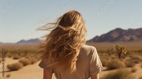 blonde woman with long wavy hair in the desert