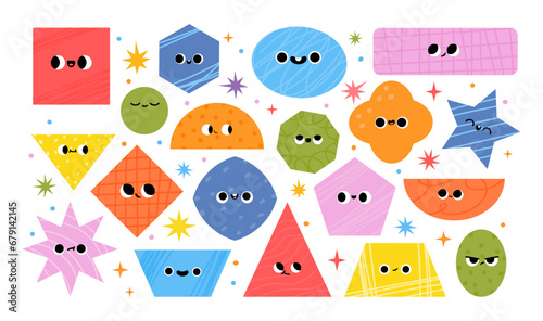 Geometric figures character. Geometry abstract characters with funny face. Colorful geometrical shapes with different texture for kid preschool education. Vector set