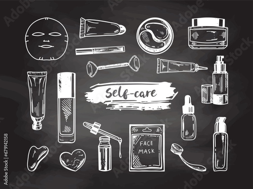 A set of hand-drawn doodle sketches of cosmetics, beauty, self-care elements on chalkboard background.  Illustration for beauty salon, cosmetic store, makeup design. Engraved image.