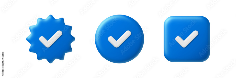 Blue check mark. Verified social media account 3D icons. Approved profile sign. Tick in blue star, circle and rectangle. Top page, safety person vector illustration Blue check mark. Verified social media account 3D icons. Approved profile sign. Tick in blue star, circle and rectangle. Top page, safety person vector illustration