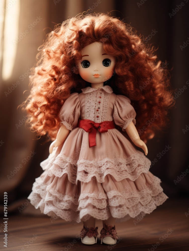 Handmade doll in beautiful dress with long red hair, a stunning sight to behold. Handmade and creativity concept. Handmade doll in beautiful dress with long red hair, a stunning sight to behold. Handmade and creativity concept.