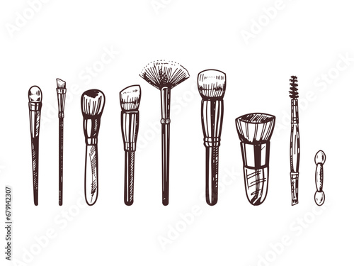 A set of hand-drawn doodle sketches of makeup brushes.  Illustration for beauty salon, cosmetic store, makeup design. Engraved image.