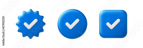 Blue check mark. Verified social media account 3D icons. Approved profile sign. Tick in blue star, circle and rectangle. Top page, safety person vector illustration