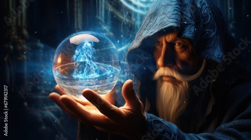 Soothsayer with beard, mustache, and hood, holding crystal ball in hands, telling fortunes. Magic and sorcery concept.